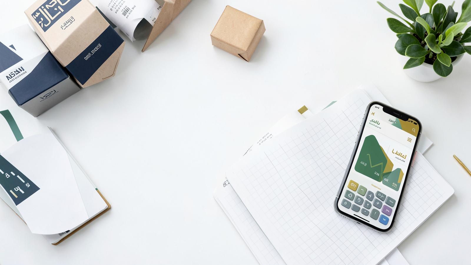 Small-business products, notebook and phone arranged on a bright workspace